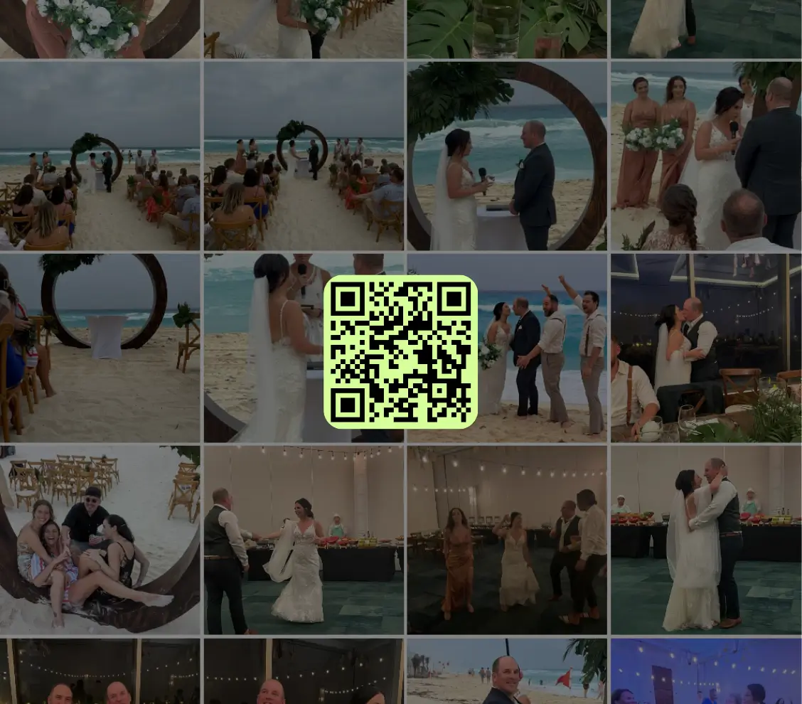 An online photo gallery grid with a QR Code in the middle