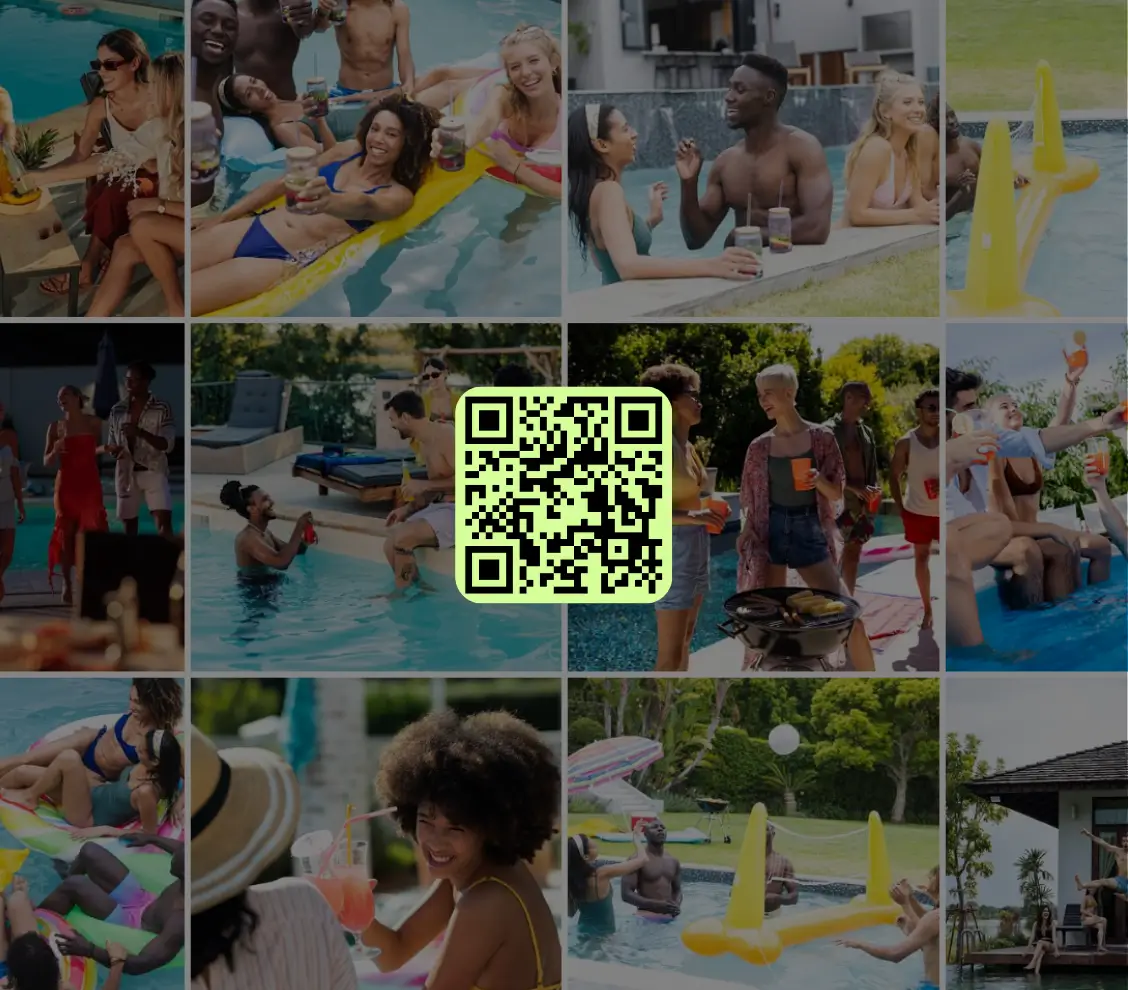 An online photo gallery grid for a party with a QR Code in the middle