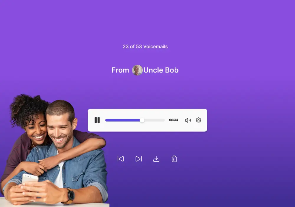A clean illustration of a couple listening to heartfelt voicemails on their phone, featuring a simple, elegant voicemail playback interface.