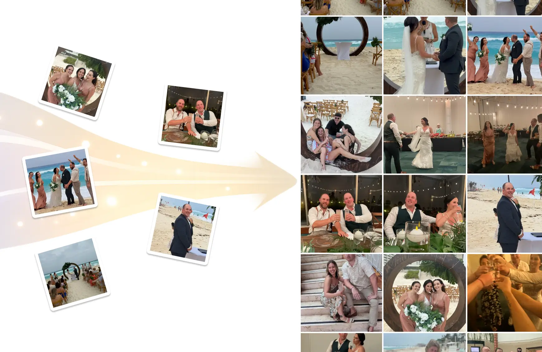 Illustration of wedding guest photos coming together into one shared online photo gallery