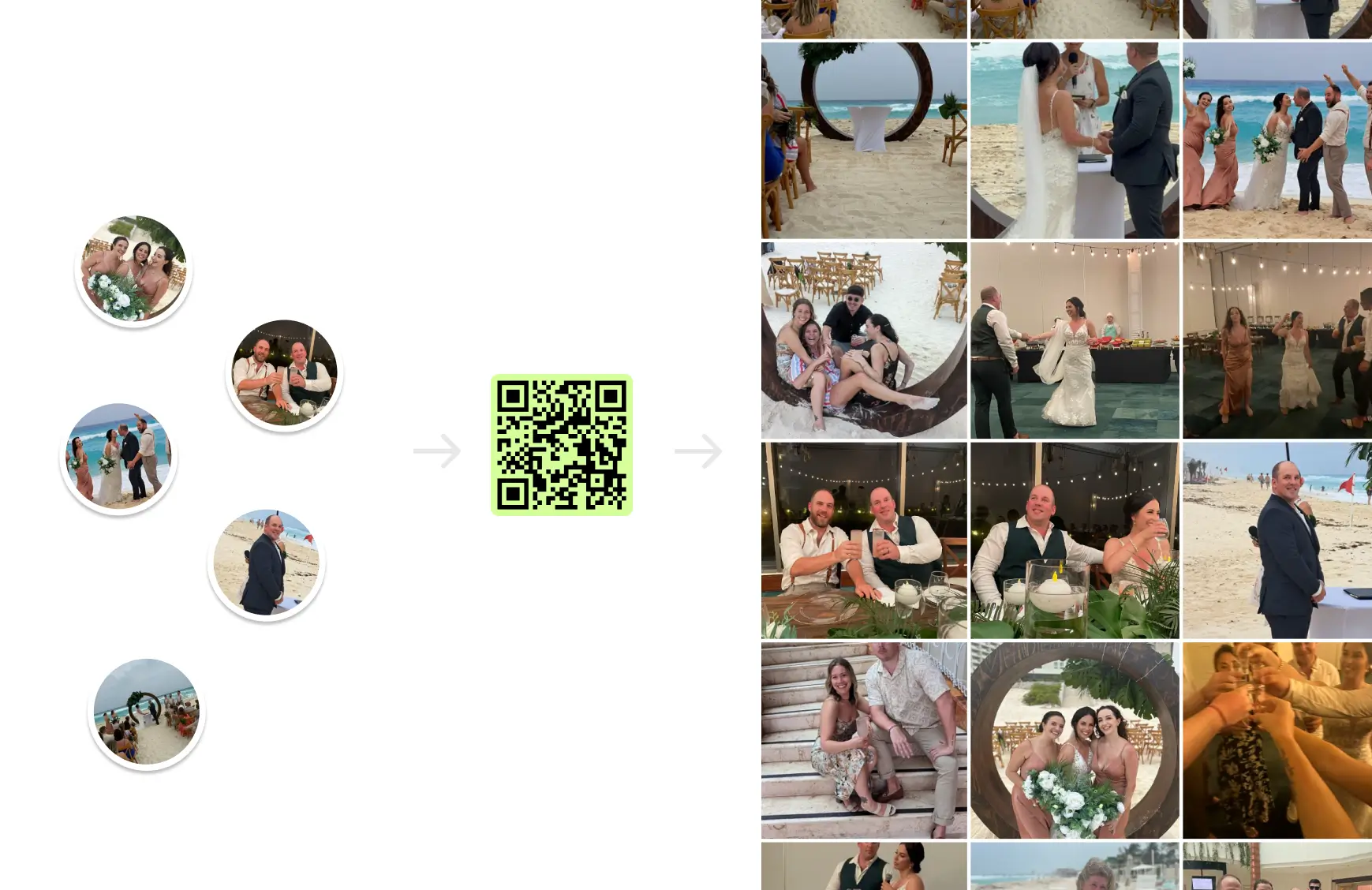 Illustration of guests uploading photos through a QR code into a shared event photo gallery