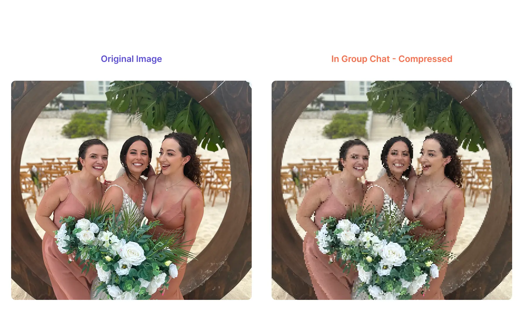 Side-by-side comparison showing a high-quality original image and a compressed, pixelated version from a group chat