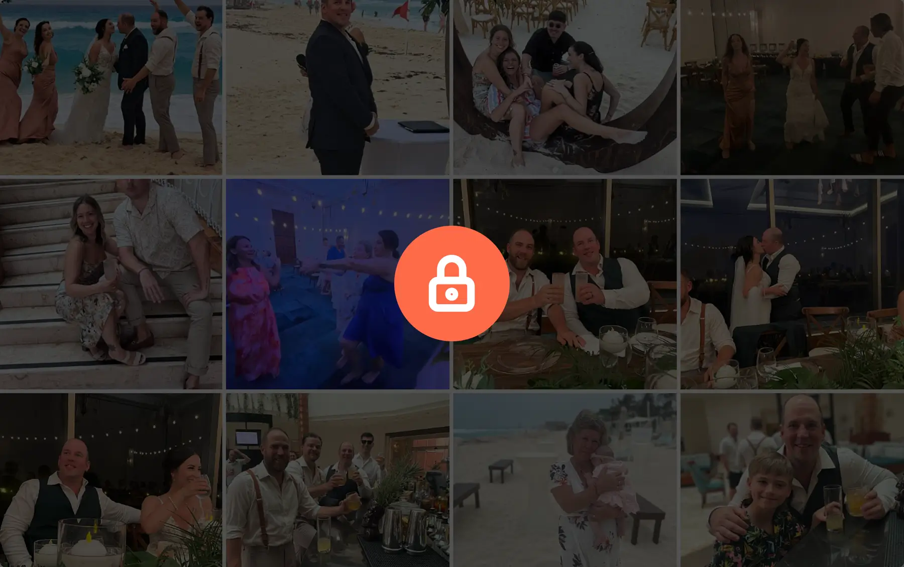 Organized private event photo album grid with a secure access lock