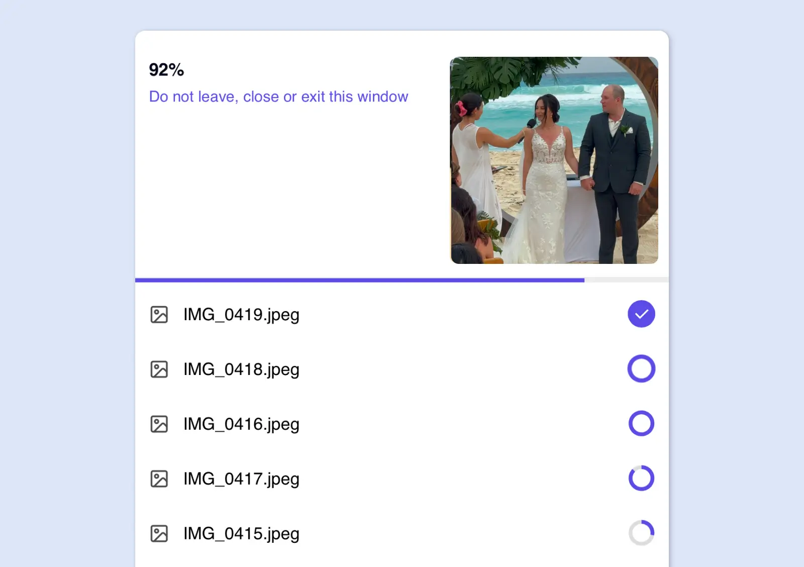 Uploading wedding photos to an album with progress indicator and file list.