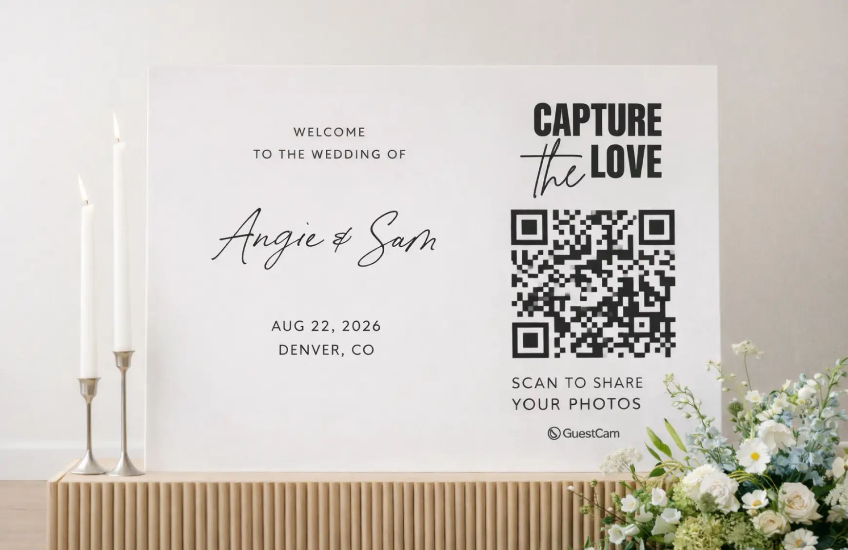Wedding QR code sign inviting guests to scan and upload photos to a shared gallery.
