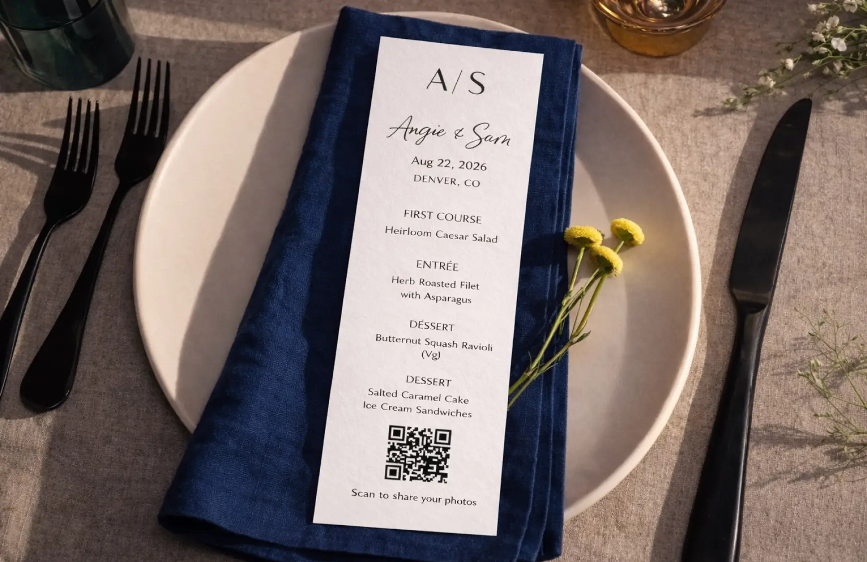 Wedding menu with QR code printed on place setting for guests to upload photos to a shared gallery.