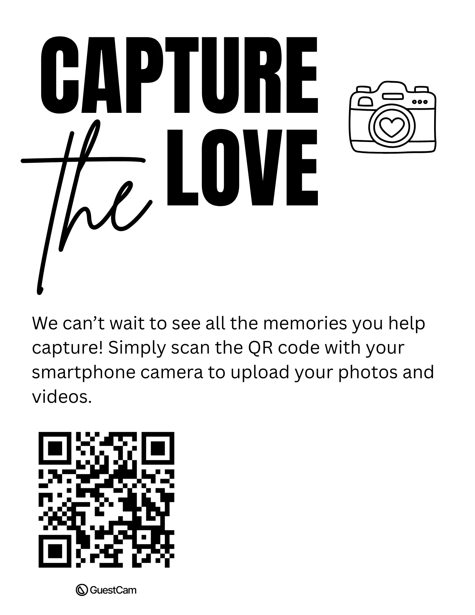 Preview of the 'Capture the Love' GuestCam wedding photo QR code sign template
