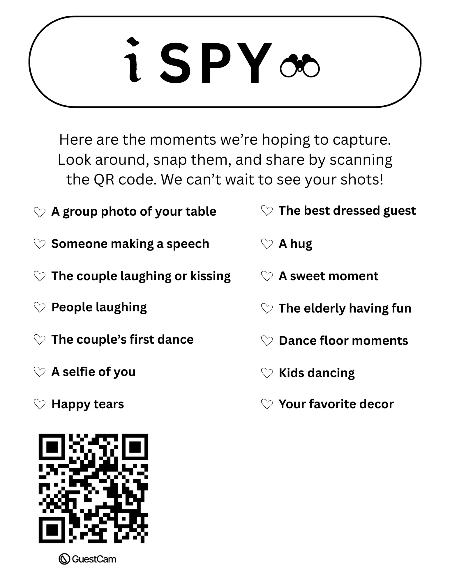 Wedding I Spy game sign with QR code encouraging guests to capture and share specific moments