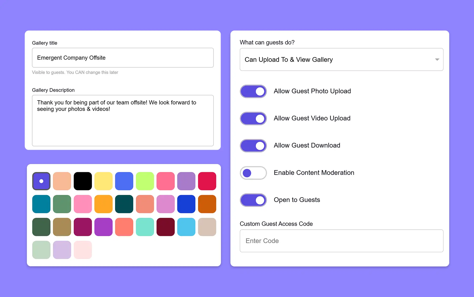 Company event photo gallery setup interface with options for guest uploads, permissions, and customization.