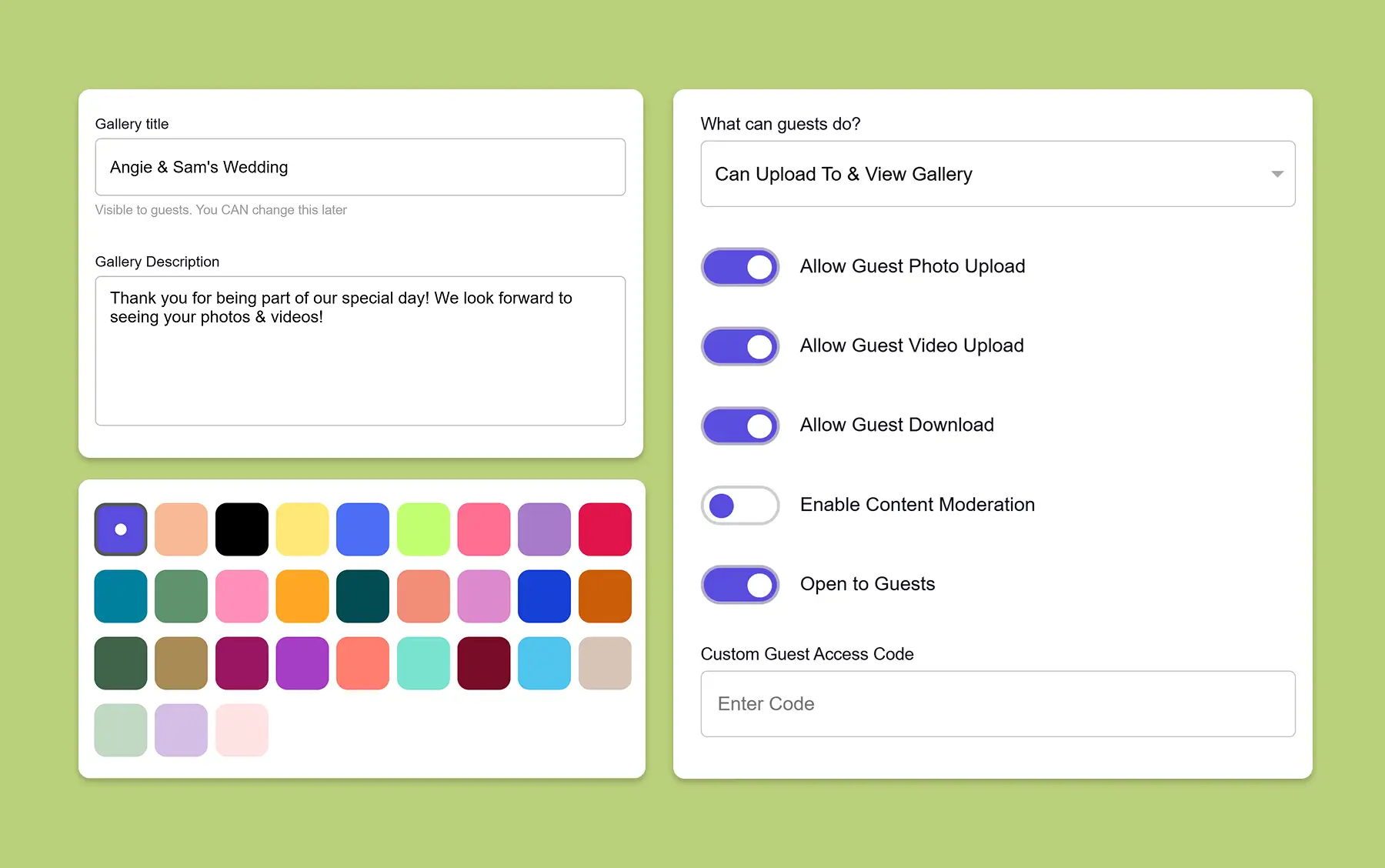 nterface for creating an event photo gallery with fields for title, description, guest permissions, uploads, downloads, and color customization