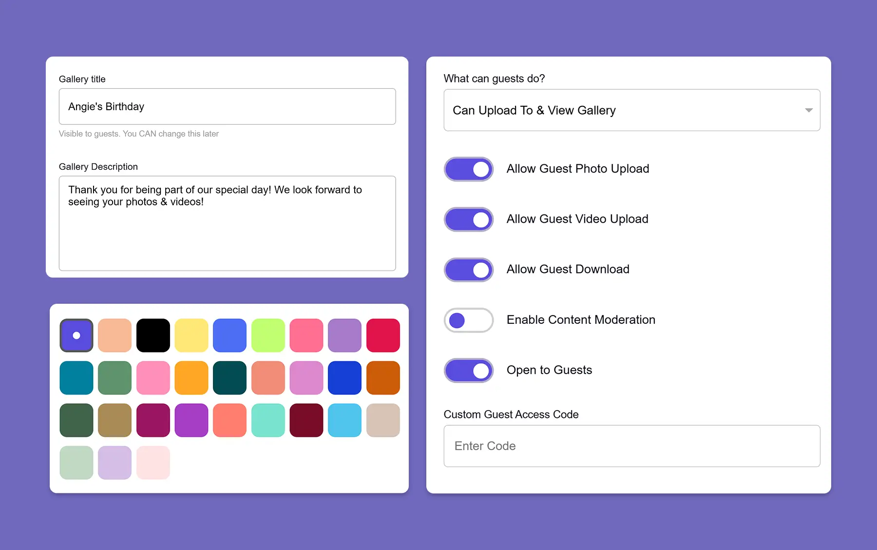 GuestCam party photo sharing gallery setup screen with guest permissions, color picker, and custom access code options.