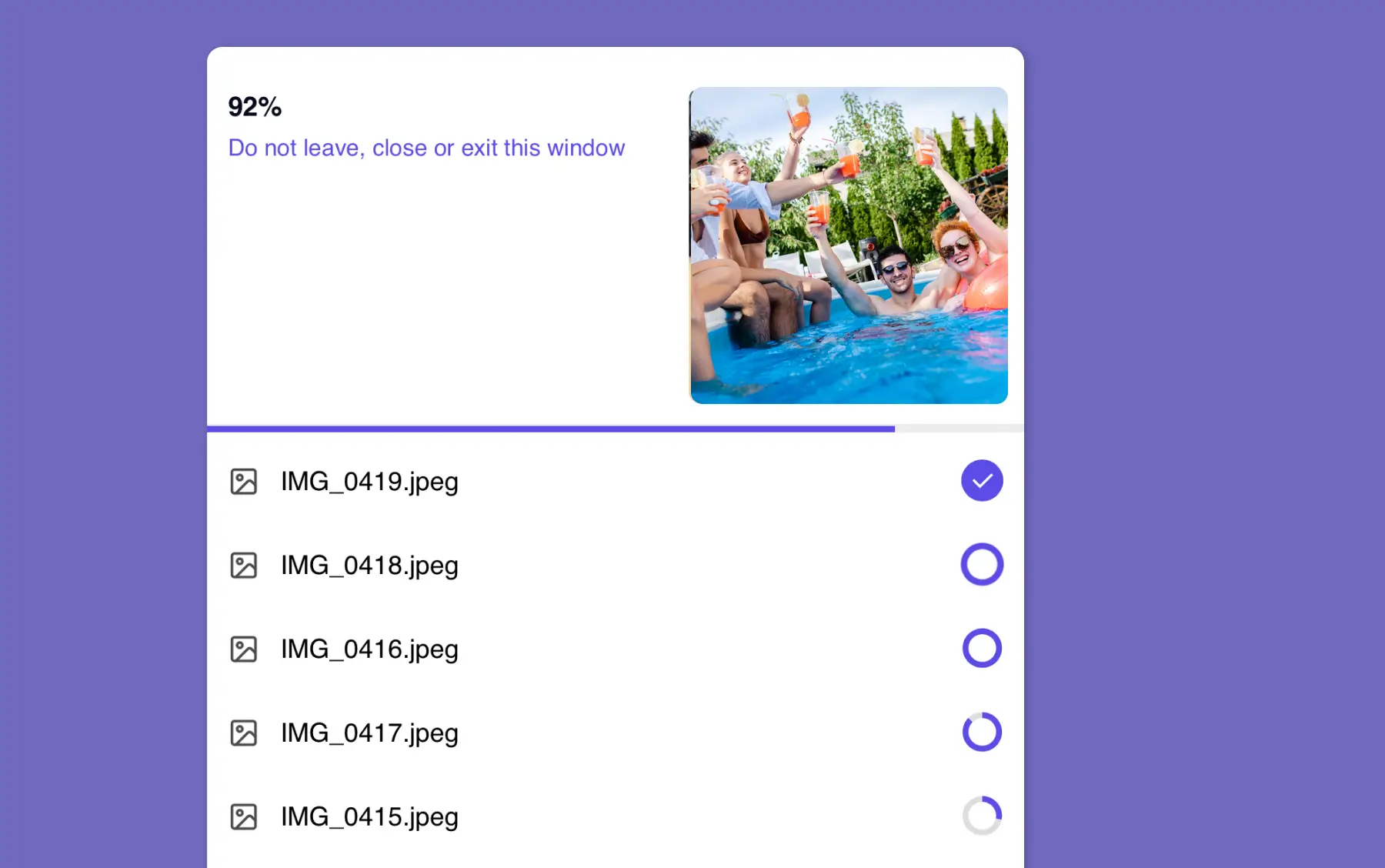 GuestCam party photo sharing upload screen showing guests' pool party photos uploading at 92% with individual file progress indicators.