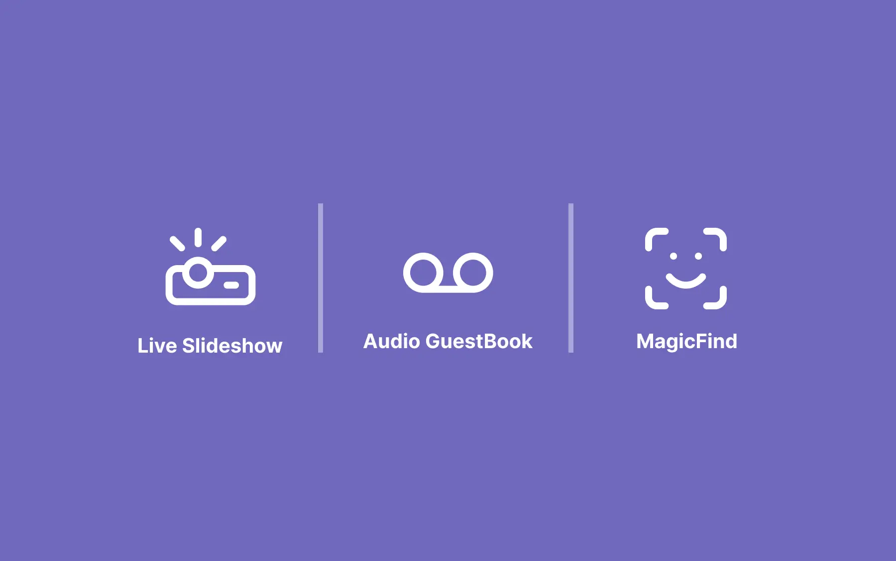 Three GuestCam party photo sharing features: Live Slideshow, Audio GuestBook, and MagicFind face recognition photo finder.
