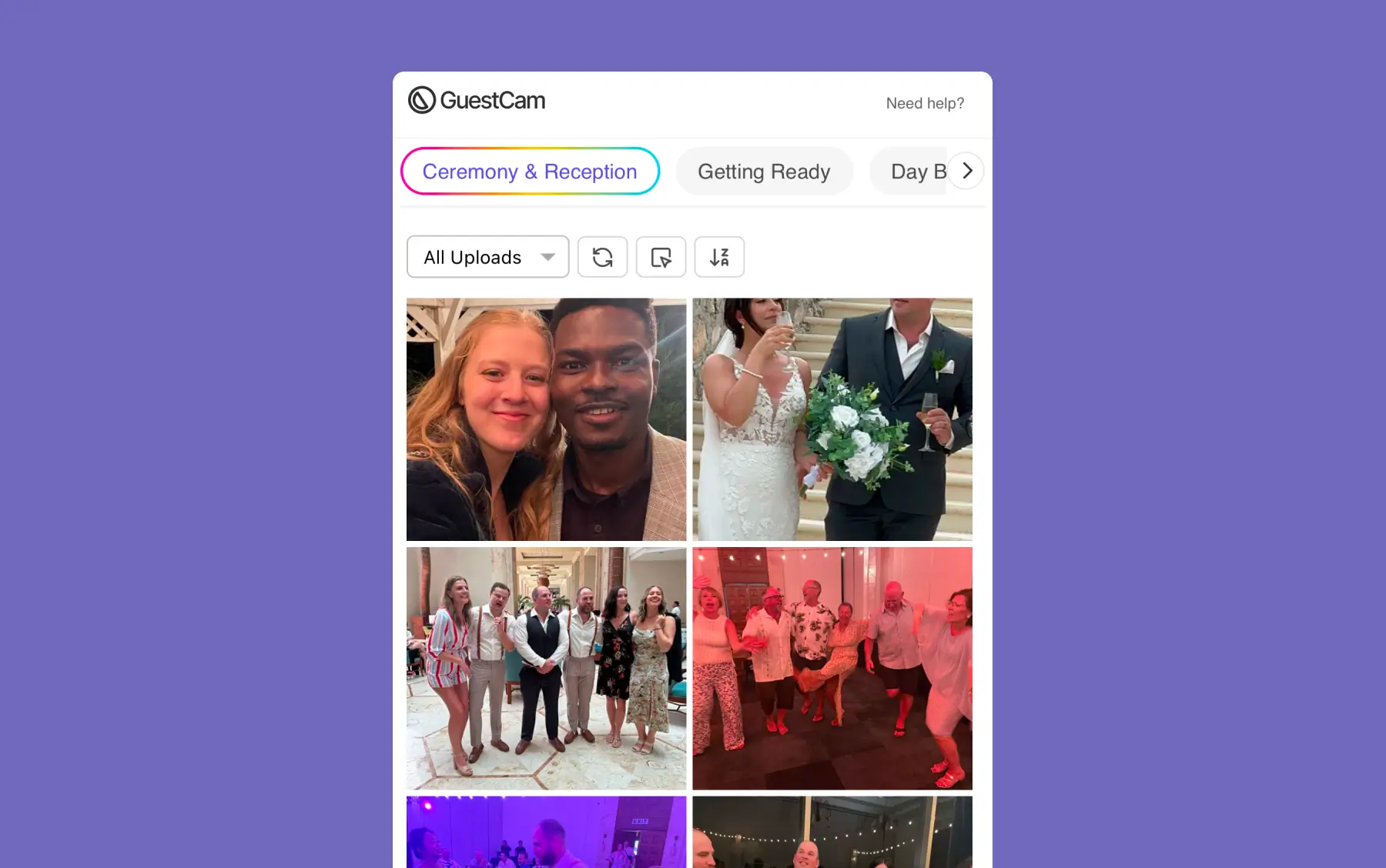 GuestCam wedding photo gallery where guests can browse all uploads by album and use MagicFind to locate photos of themselves.