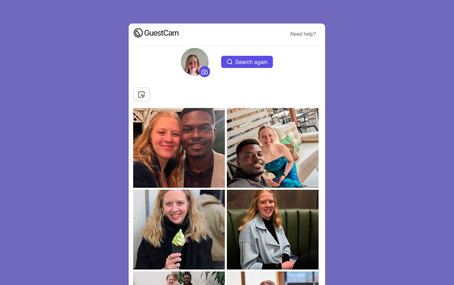 GuestCam MagicFind results screen showing a personalized gallery of photos featuring a specific guest, identified automatically using face recognition.