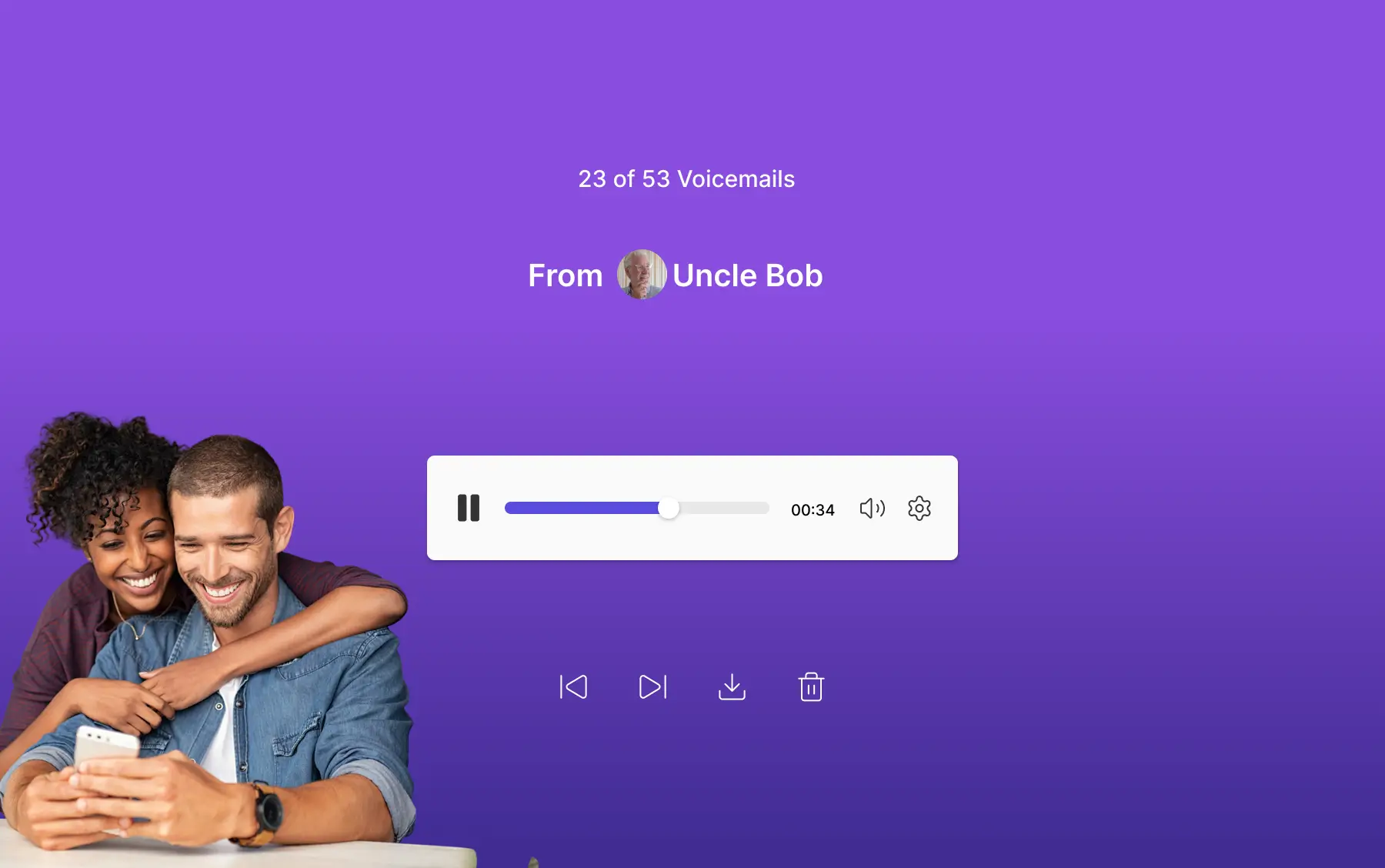 GuestCam audio guestbook playback screen showing a couple listening to voicemail 23 of 53 from 'Uncle Bob,' with an audio player and controls to skip, download, or delete messages.