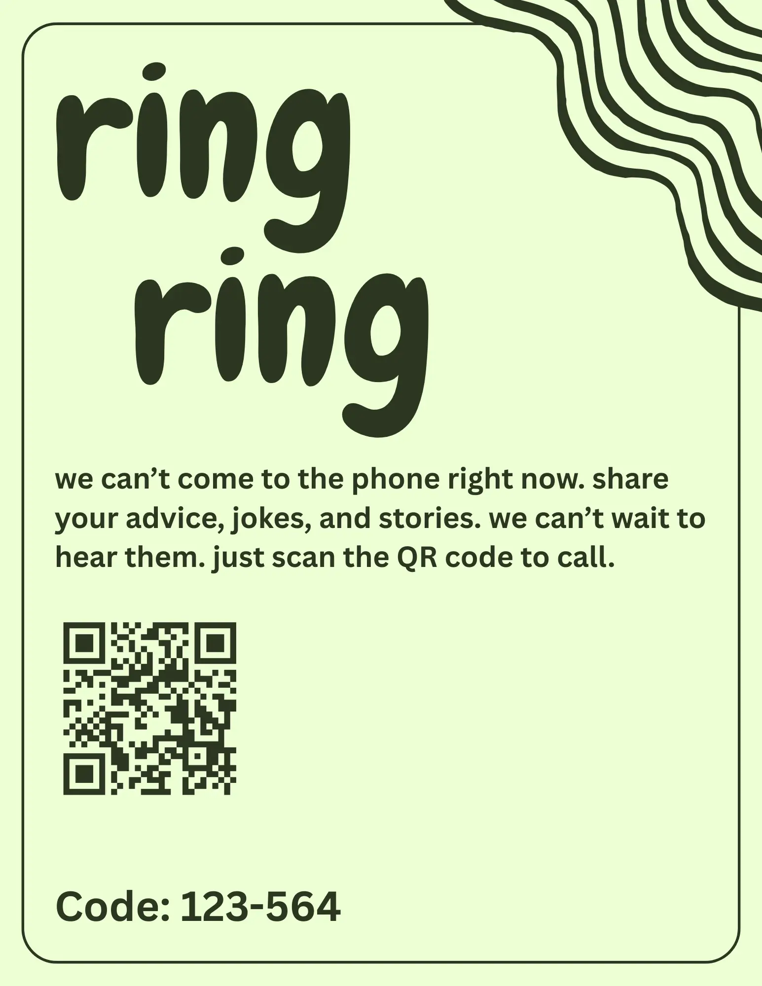 A 'Ring Ring' sign with a QR code linking to the audio guestbook dial-in number, displayed on a wedding table.