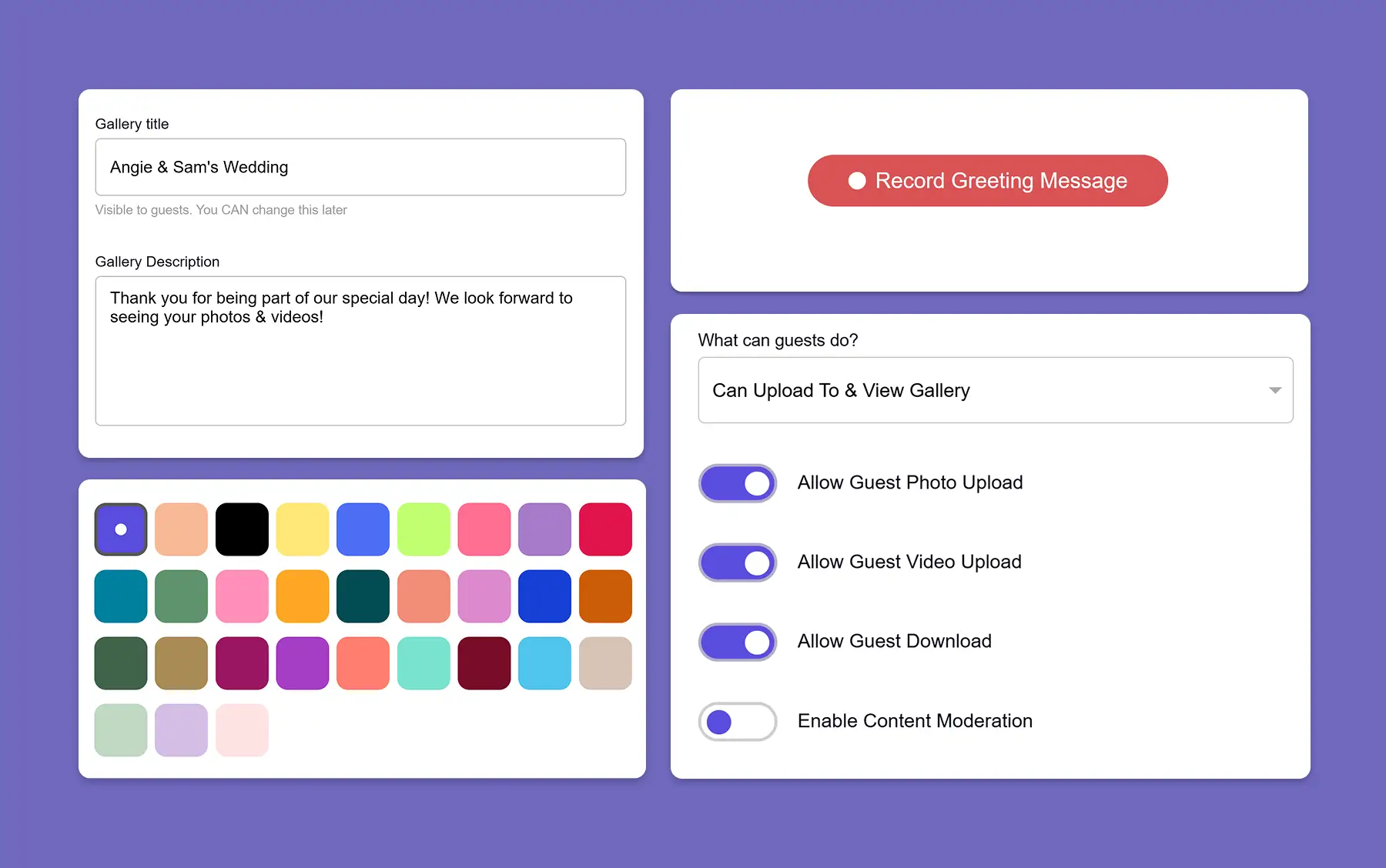 GuestCam wedding audio guestbook setup screen with gallery title, color picker, a 'Record Greeting Message' button, and guest permission toggles.