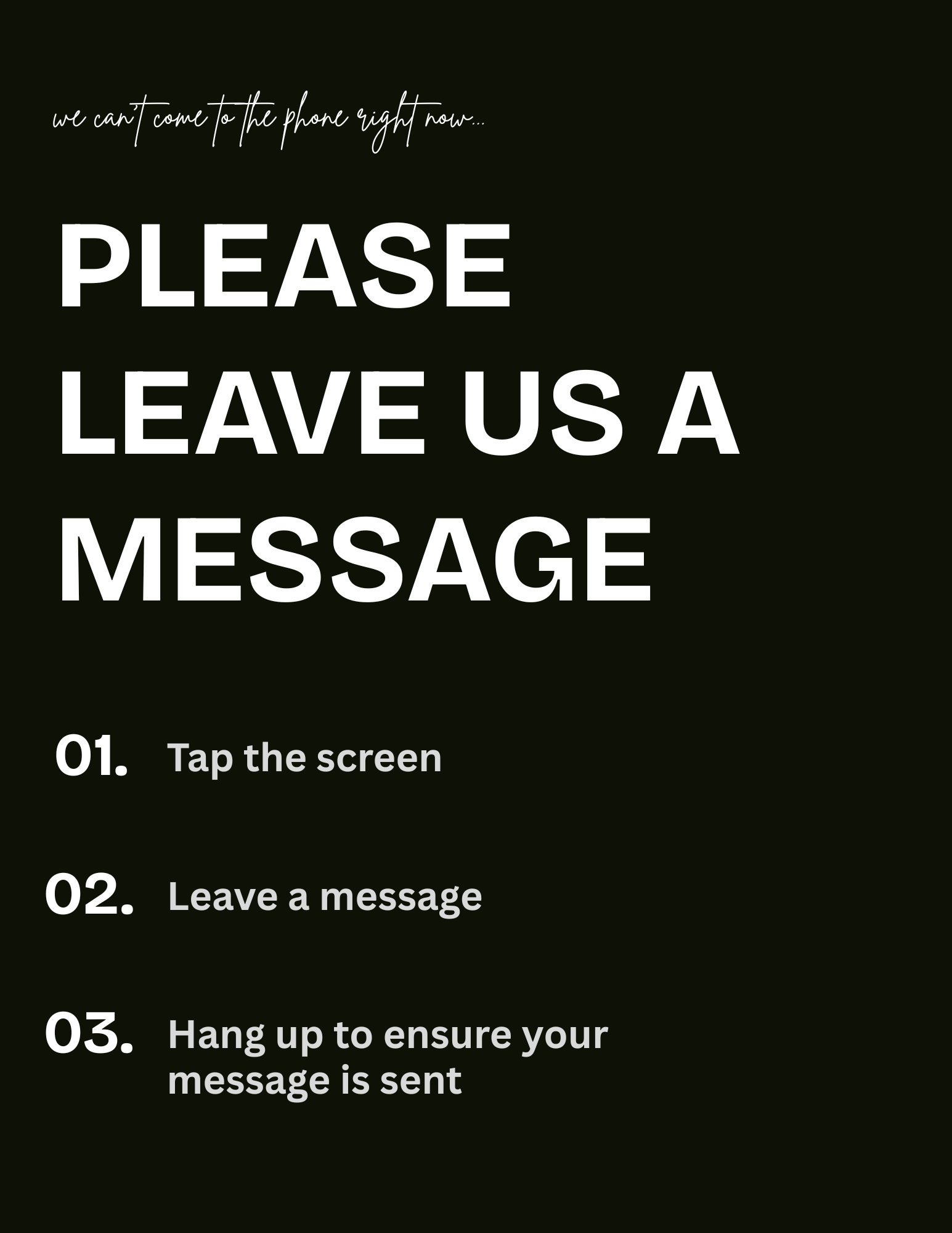 Please leave us a message - dark PhoneBooth Table flyer Canva QR Code template