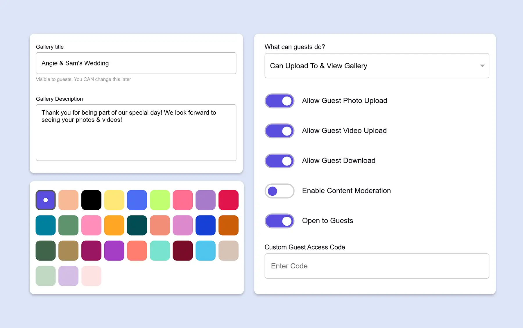 GuestCam UI showing how a wedding photo sharing album setup - with wedding details, theme color and guest controls