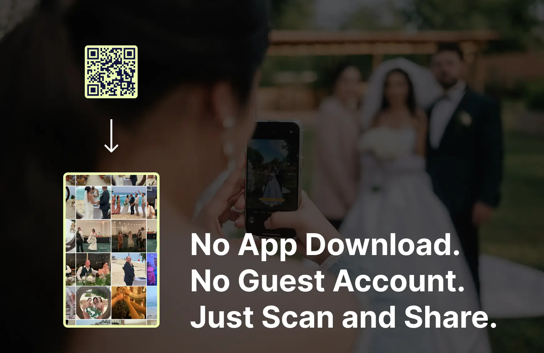 Wedding guest scans a QR code to upload photos to a private shared wedding gallery without an app or account.