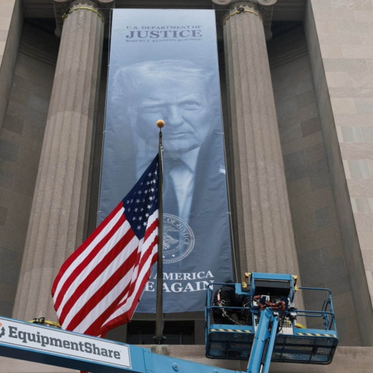 Donald Trump’s image displayed outside United States Department of Justice headquarters in latest show of influence.