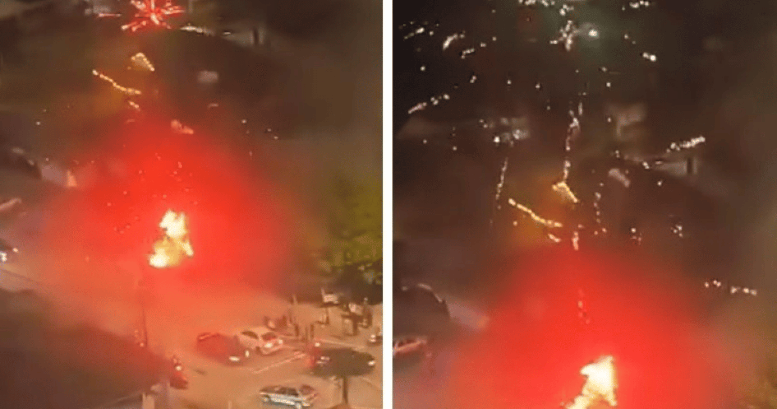 Fire engulfs Johor Bahru pop-up fireworks stall; blaze spreads to nearby Proton Gen-2 and food truck.