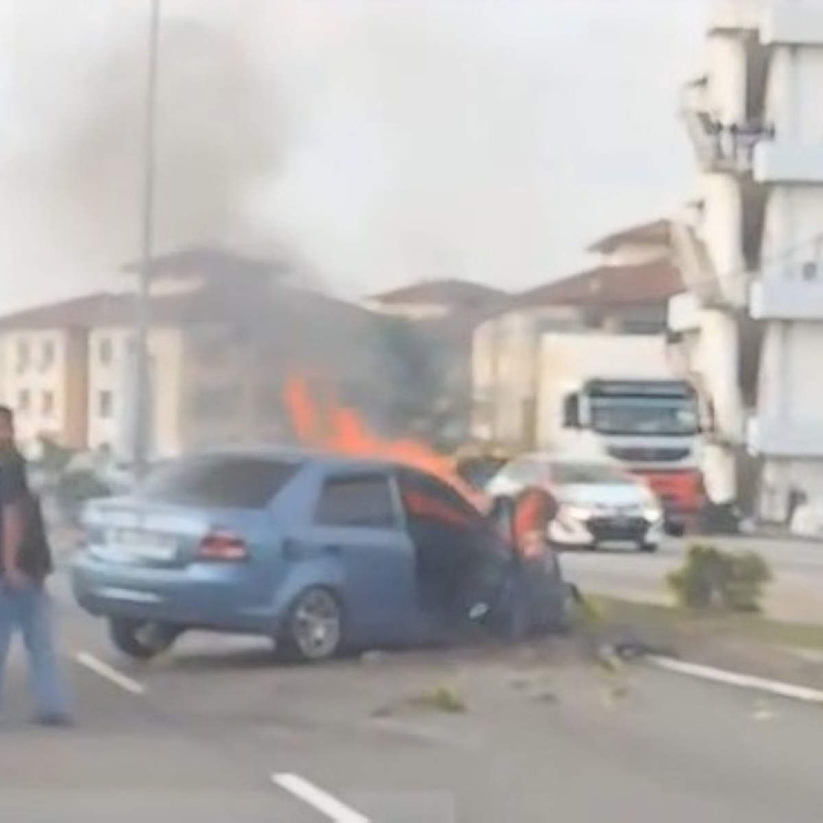 Police are searching for a Proton Saga driver following a six-vehicle crash in Melaka Tengah.