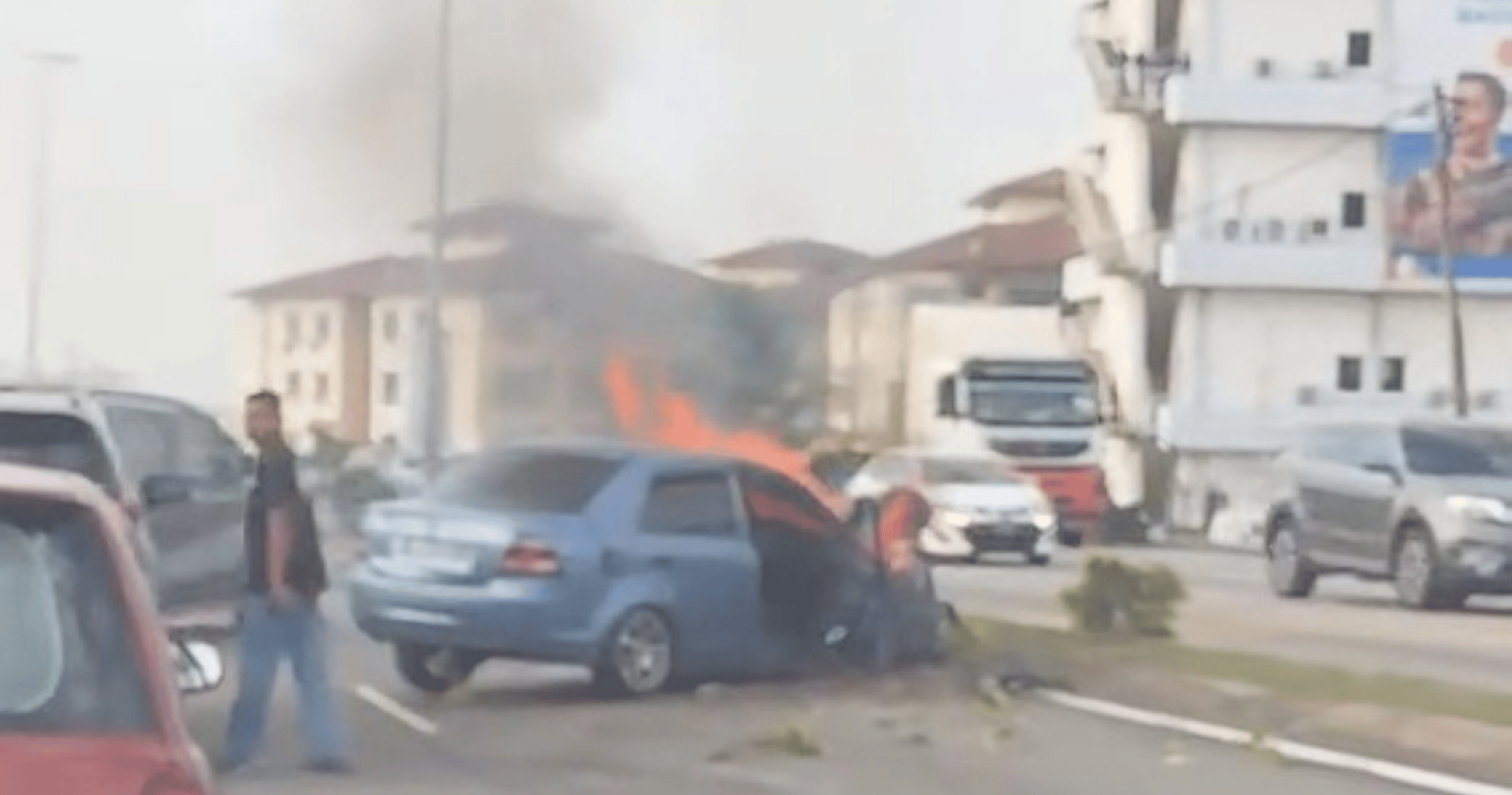 Police are searching for a Proton Saga driver following a six-vehicle crash in Melaka Tengah.