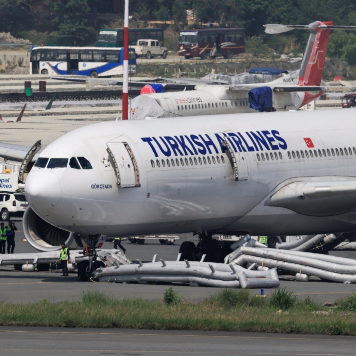A Turkish Airlines A330 was evacuated after a landing gear fire led to the closure of Kathmandu airport, with all passengers reported safe.