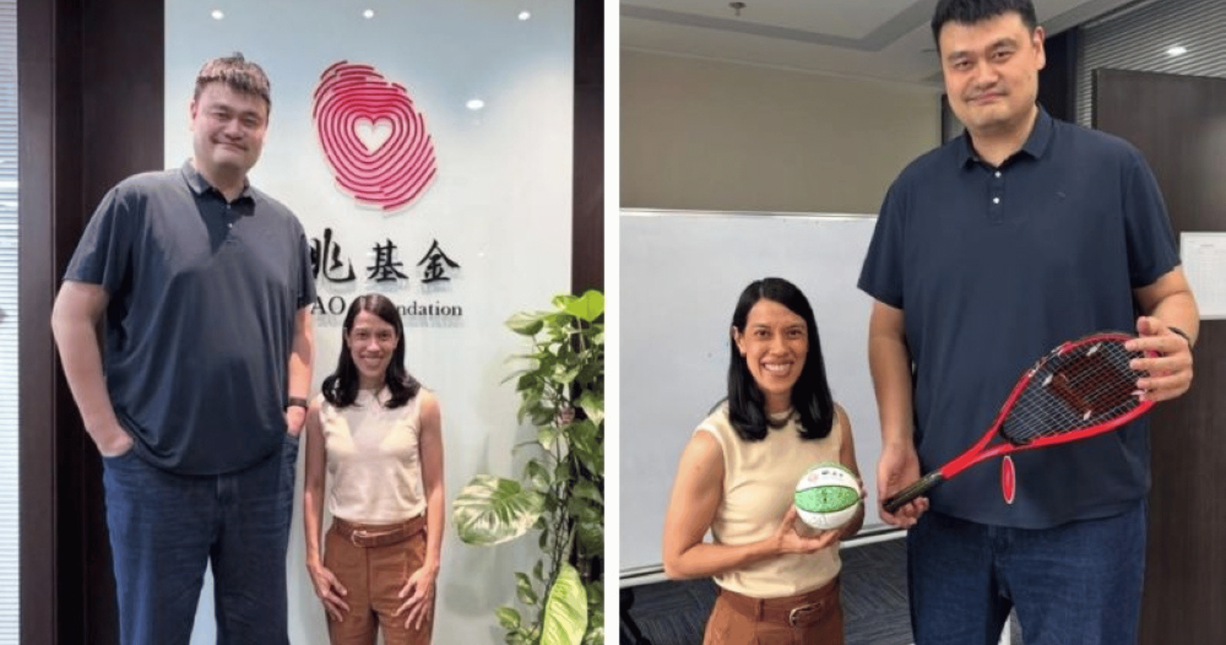 Sports icons Nicol David and Yao Ming meet in Beijing, sharing light-hearted height jokes and a common goal of supporting children.