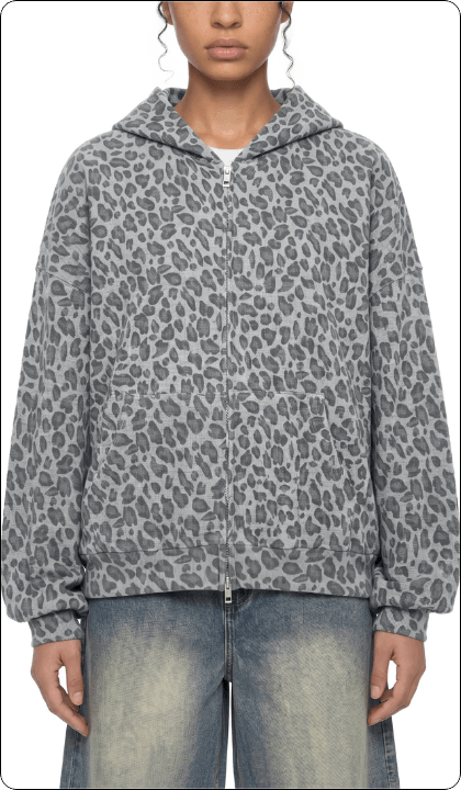 Unisex Leopard Print Waffle Full-Zip Hoodie