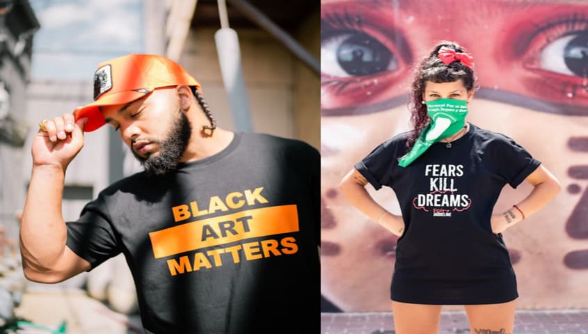 Men and women wearing custom T-shirts