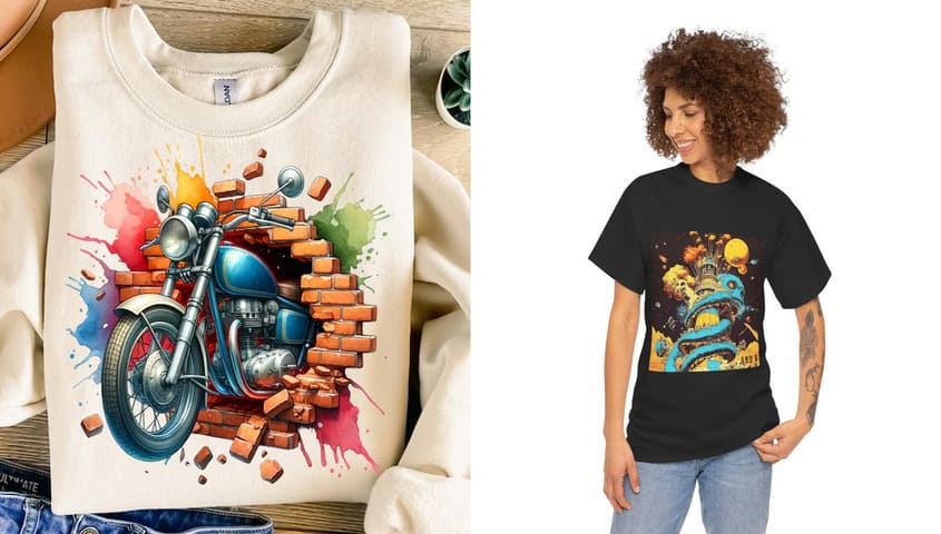 AI-generated art printed on custom t-shirts