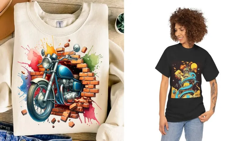 AI-generated art printed on custom t-shirts