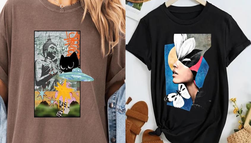 surreal collage graphic of print detail tshirt design idea