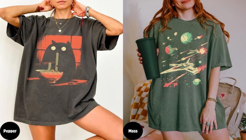 model styling a negative space graphic t-shirt with minimalist t-shirt design ideas