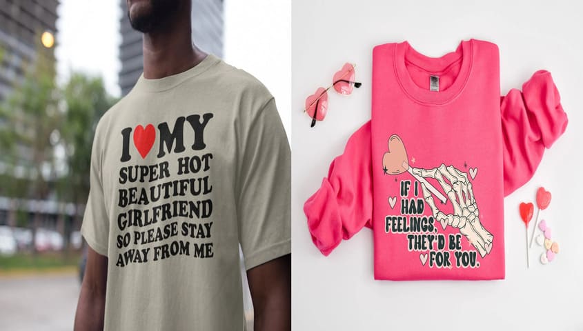 model wearing a Valentine’s Day custom t-shirt with romantic t-shirt design ideas