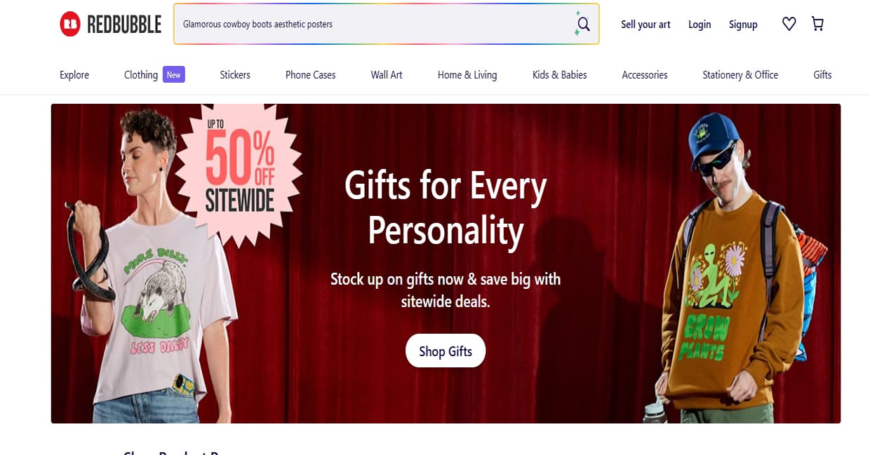 Redbubble website interface featured as a Printful alternative