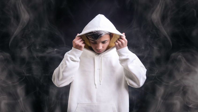 man is wearing a white polyester hoodie