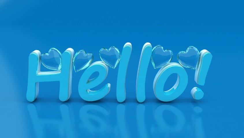 "Hello!" text with transparent heart decorations on a reflective blue background