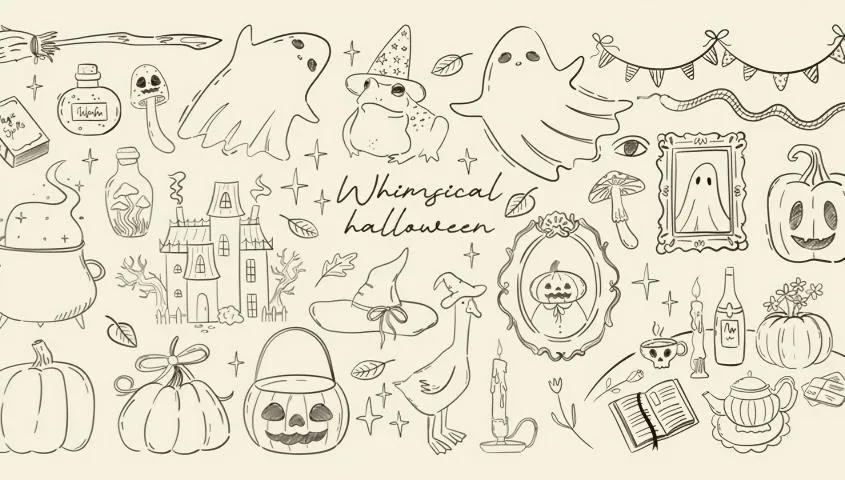 hand-sketched halloween image includes ghost, pumpkin, ect