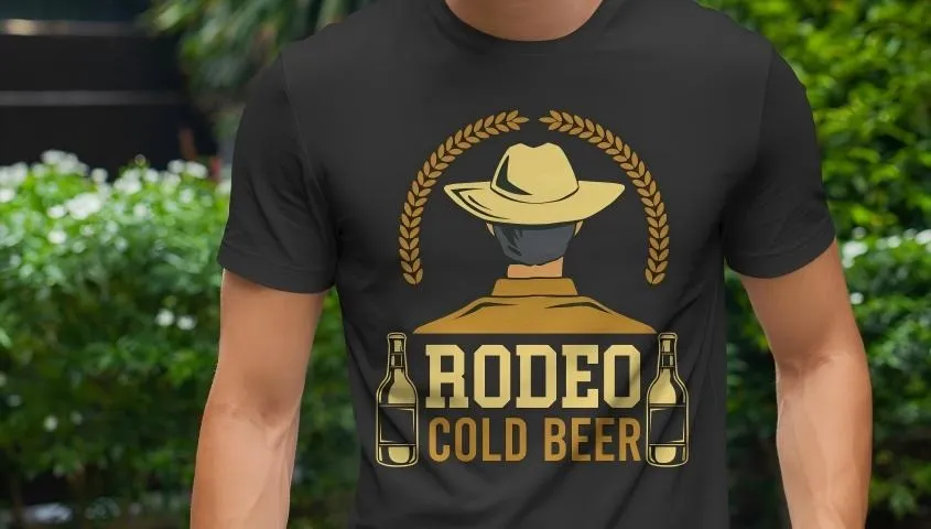 a man wearing a black T-shirt with a cowboy and two bottles of beer on it