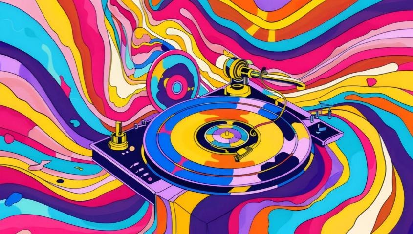 a record player on the colorful, psychedelic background