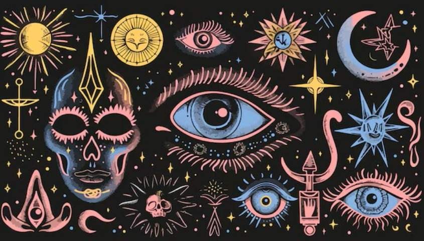 sevearl spiritual and esoteric symbols on the black background