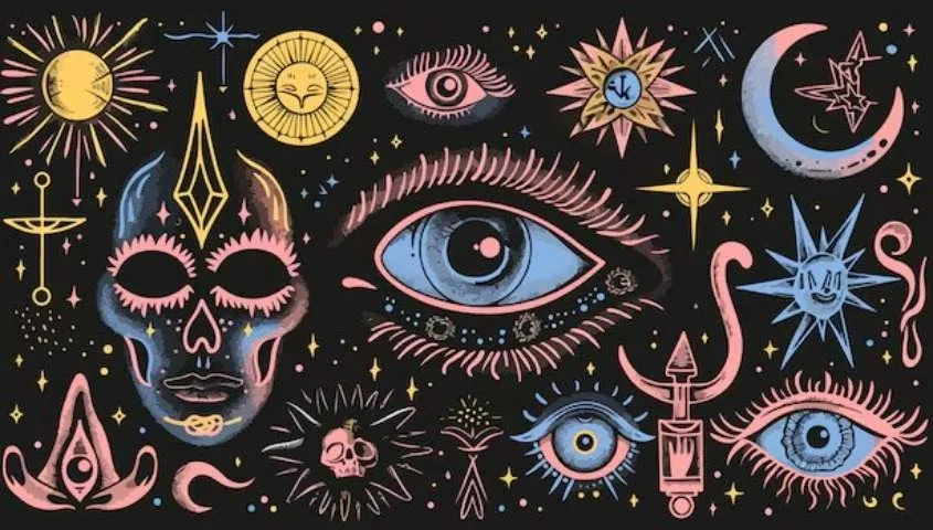 sevearl spiritual and esoteric symbols on the black background