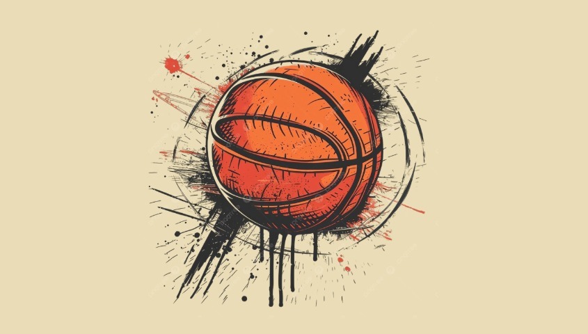 graffiti-style orange basketball with black and red splatters on a light beige background