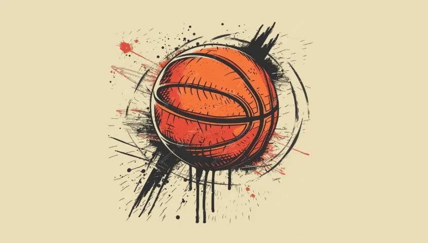 graffiti-style orange basketball with black and red splatters on a light beige background