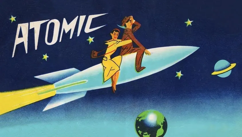 retro atomic-age illustration of a couple riding a rocket through space