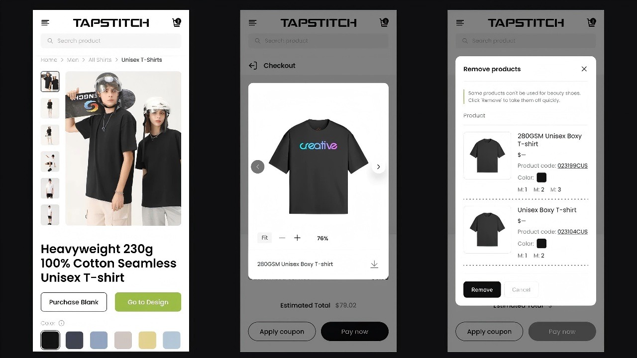 Tapstitch mobile app screens showing the process of T-shirt product choosing, designing, and checkout
